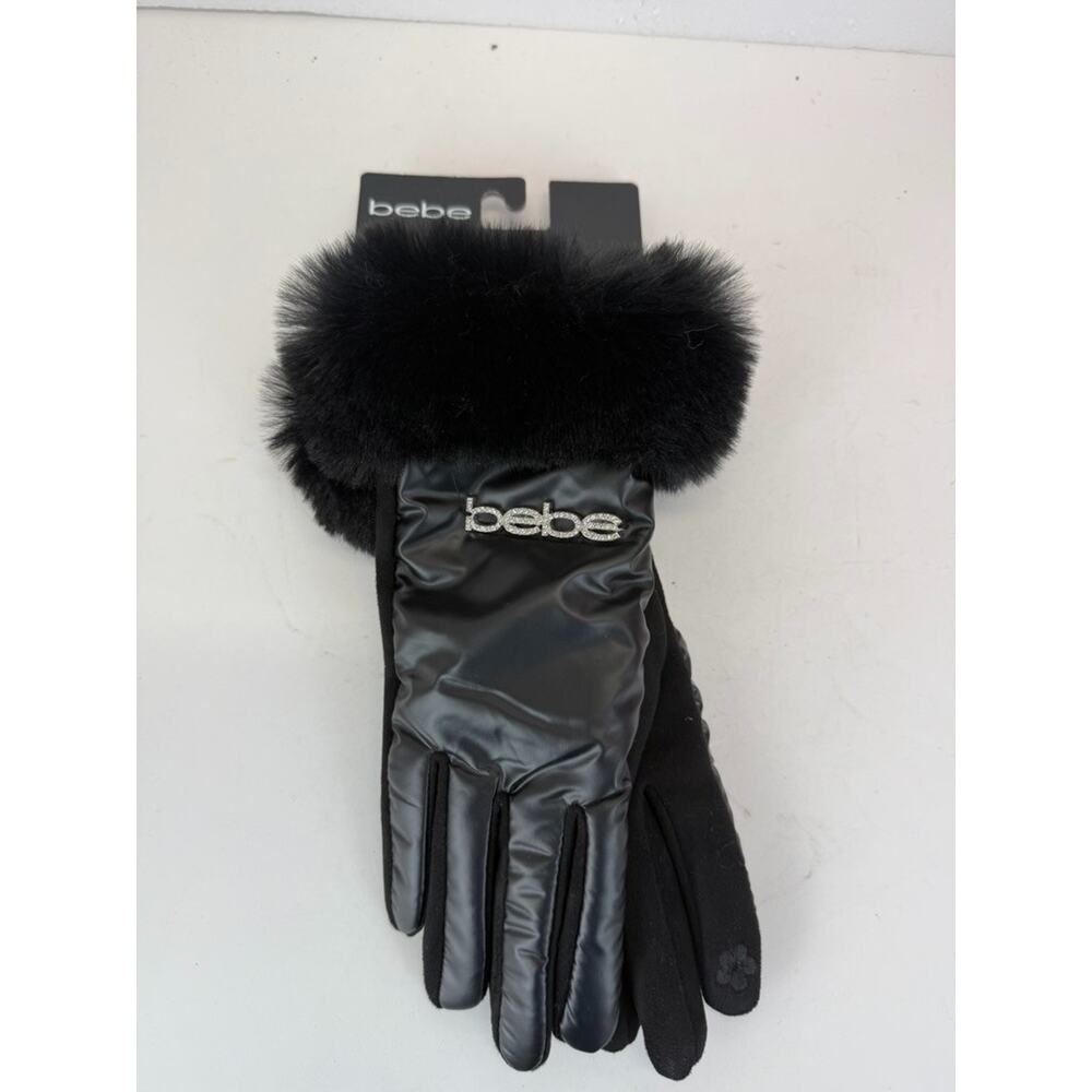 Bebe Women’s Black Faux Fur Cuff Gloves Quilted Satin Look Winter Dress Gloves